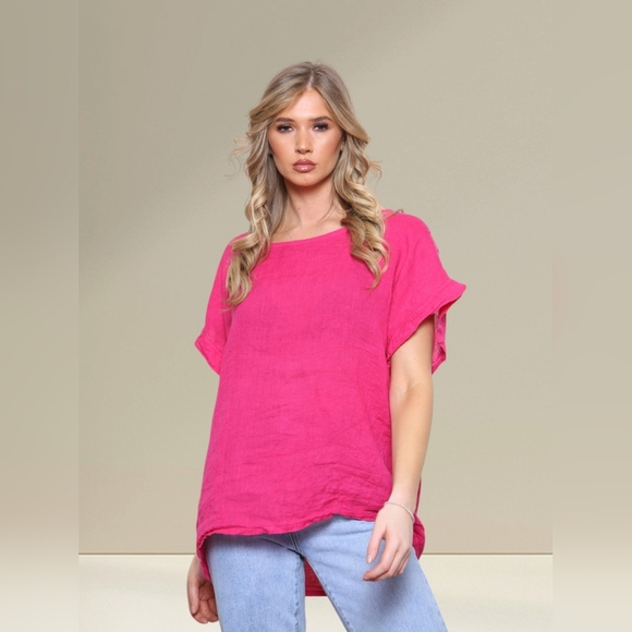 Terzo Millennio Tops - Terzo Millennio 100% Linen Top Hi/Low Pink Scoop Neck Back Detail Size Small
